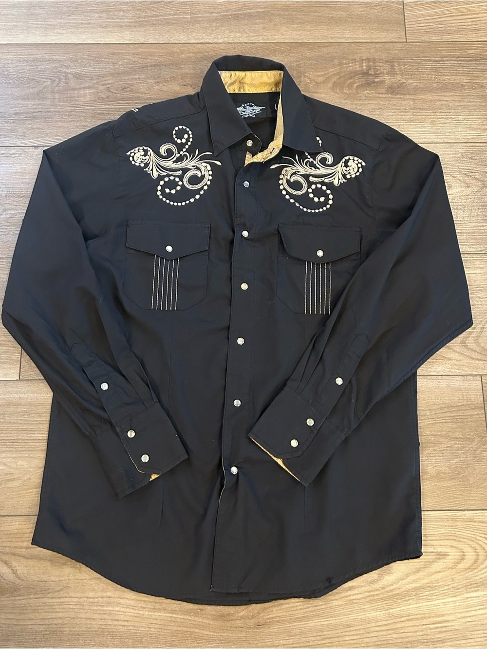 El General Western Pearl Snap Shirt Embroidered Black Gold Men’s M